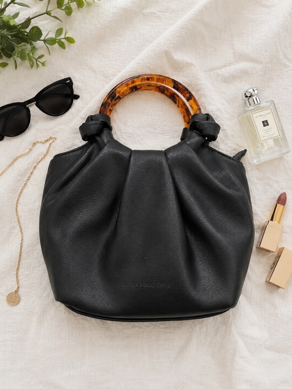 Elizabeth and James Black Slouchy Shoulder Bag Tortoise Handle